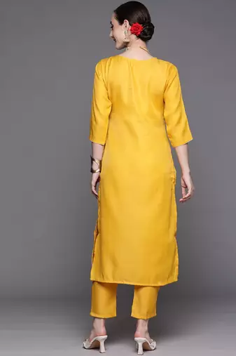 Women mustard yellow & white embroidered sequinned kurta with trousers