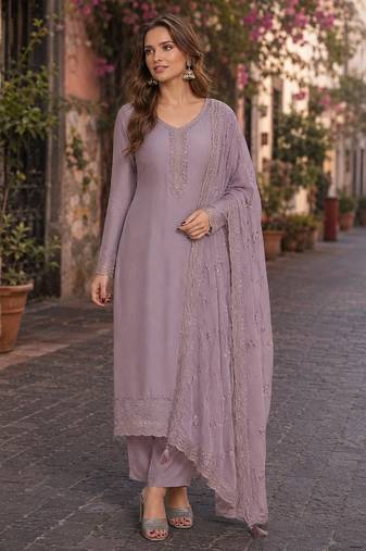 Purple heavy natural crepe semi stitched suit with embroidery & zarkhan work