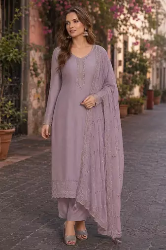 Purple heavy natural crepe semi stitched suit with embroidery & zarkhan work
