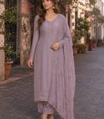 Purple heavy natural crepe semi stitched suit with embroidery & zarkhan work