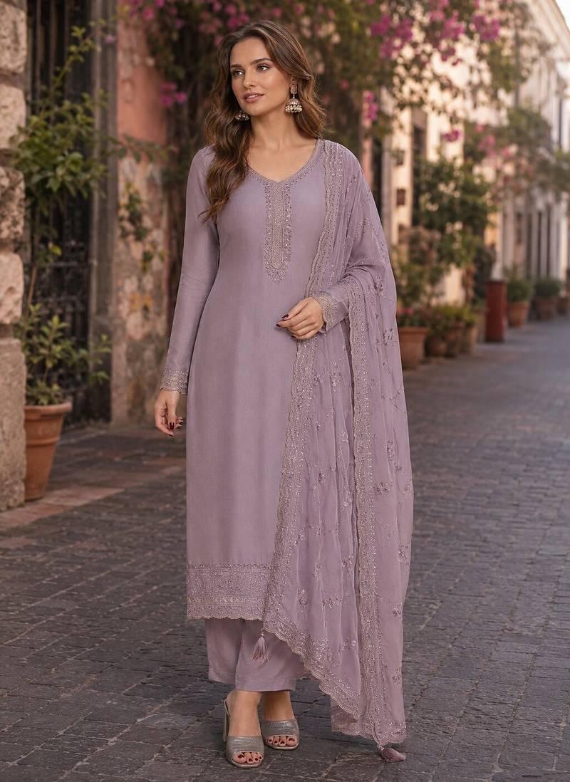 Purple heavy natural crepe semi stitched suit with embroidery & zarkhan work