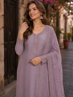Purple heavy natural crepe suit with embroidery & zarkhan work 2