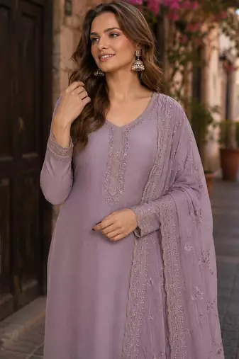 Purple heavy natural crepe semi stitched suit with embroidery & zarkhan work