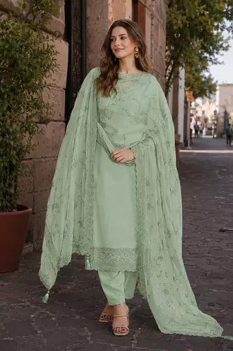 Green heavy natural crepe semi stitched suit with embroidery & zarkhan work