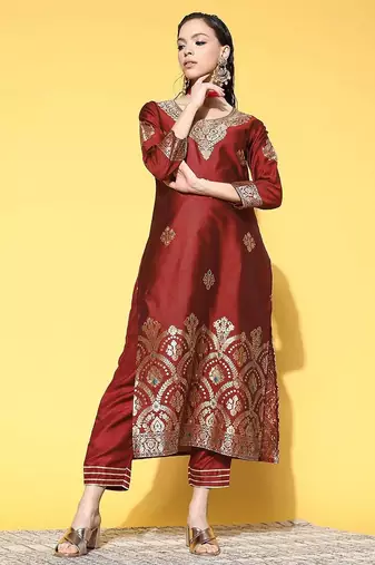 Women maroon & gold-toned ethnic motifs woven design kurta with palazzos