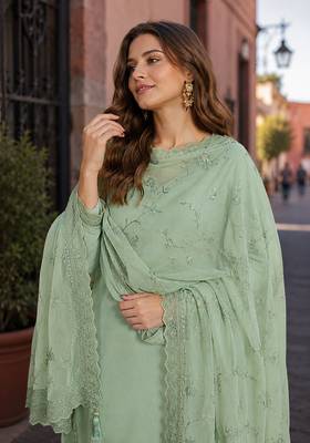Green heavy natural crepe suit with embroidery & zarkhan work 2