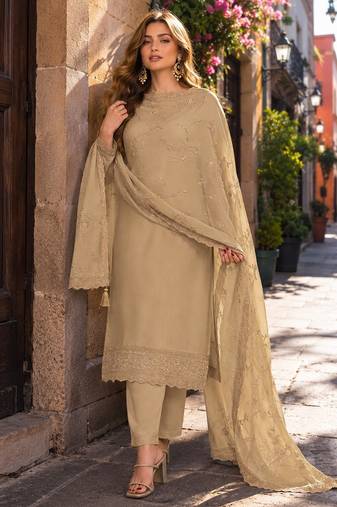 Brown heavy natural crepe suit with embroidery & zarkhan work