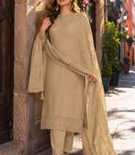 Brown heavy natural crepe semi stitched suit with embroidery & zarkhan work