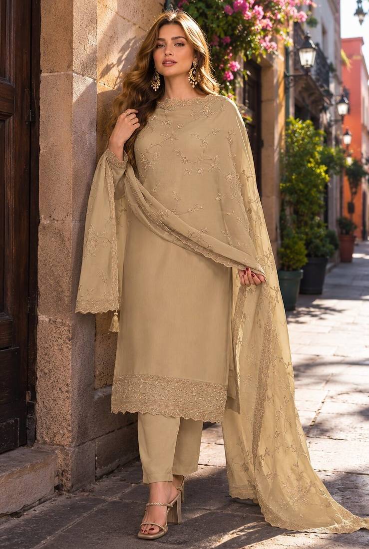 Brown heavy natural crepe semi stitched suit with embroidery & zarkhan work