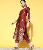 Women maroon & gold-toned ethnic motifs woven design kurta with palazzos