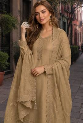 Brown heavy natural crepe suit with embroidery & zarkhan work 2