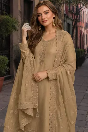Brown heavy natural crepe semi stitched suit with embroidery & zarkhan work