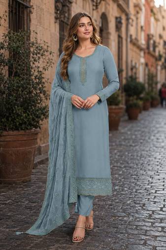 Blue heavy natural crepe semi stitched suit with embroidery & zarkhan work