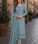 Blue heavy natural crepe semi stitched suit with embroidery & zarkhan work