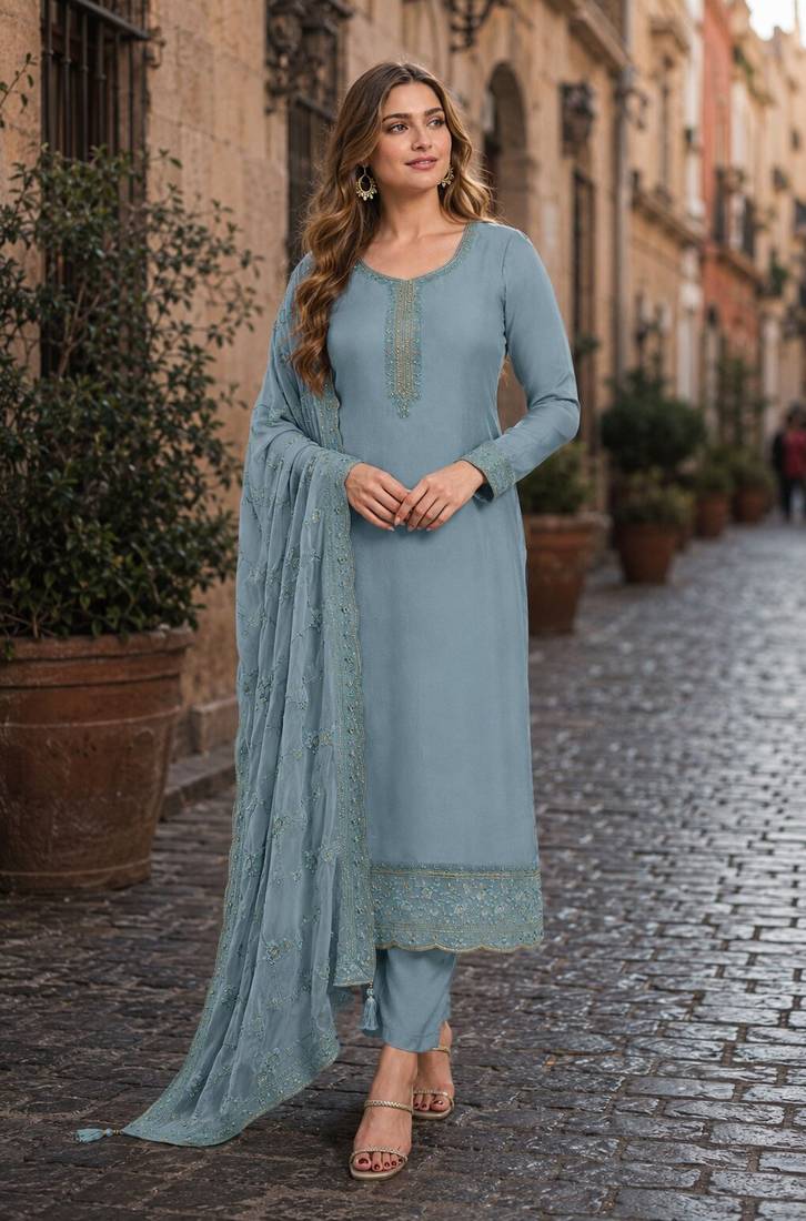 Blue heavy natural crepe semi stitched suit with embroidery & zarkhan work