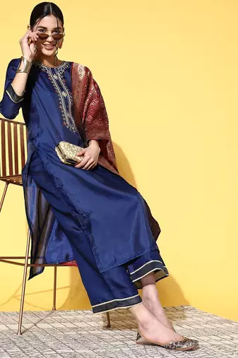 Women navy blue ethnic motifs woven design sequined kurta with trousers & dupatta