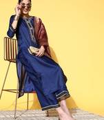 Women navy blue ethnic motifs woven design sequined kurta with trousers & dupatta