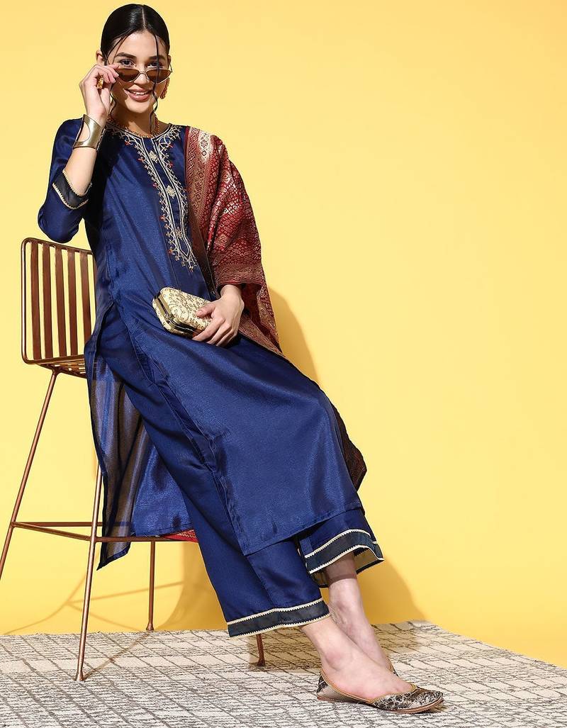 Women navy blue ethnic motifs woven design sequined kurta with trousers & dupatta