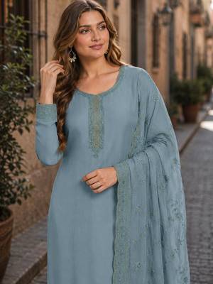 Blue heavy natural crepe suit with embroidery & zarkhan work 2