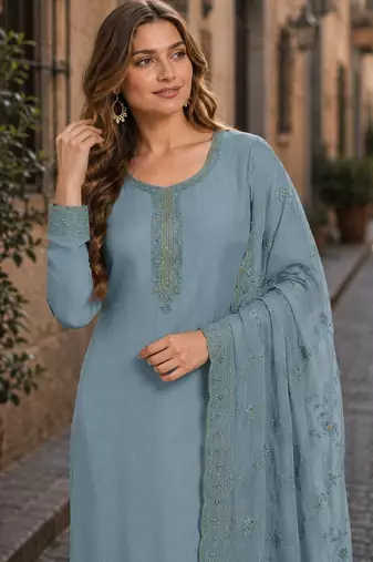 Blue heavy natural crepe semi stitched suit with embroidery & zarkhan work