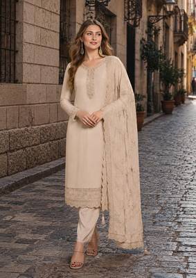Beige heavy natural crepe suit with embroidery & zarkhan work 1