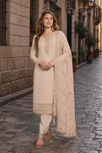 Beige heavy natural crepe semi stitched suit with embroidery & zarkhan work