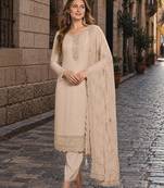 Beige heavy natural crepe semi stitched suit with embroidery & zarkhan work
