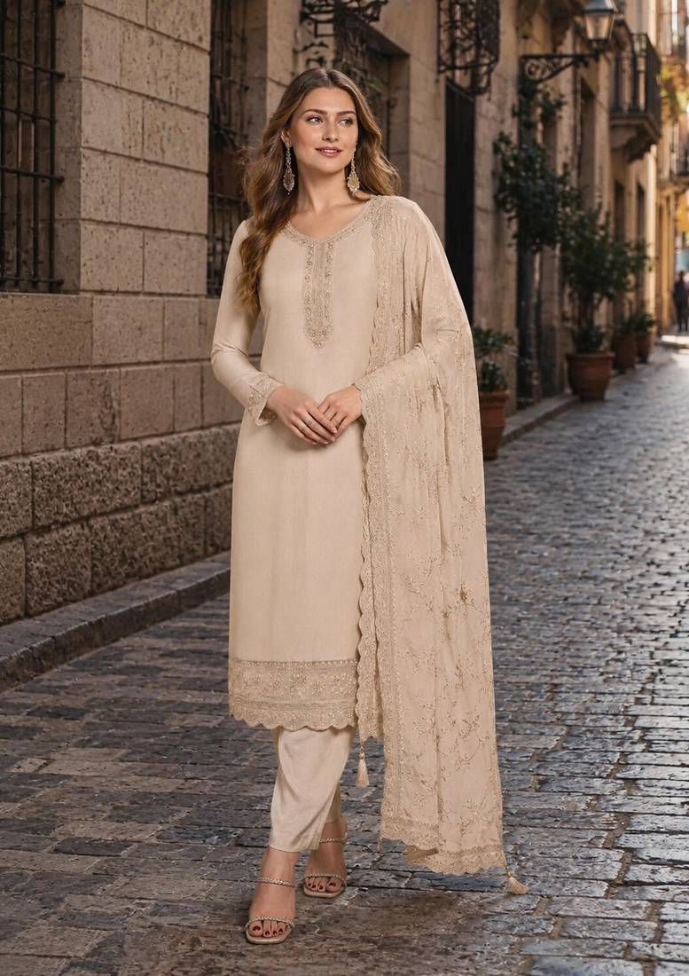 Beige heavy natural crepe semi stitched suit with embroidery & zarkhan work