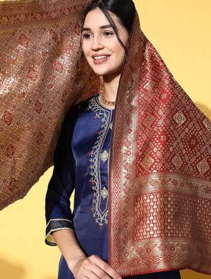 Women navy blue ethnic motifs woven design sequined kurta with trousers & dupatta 2