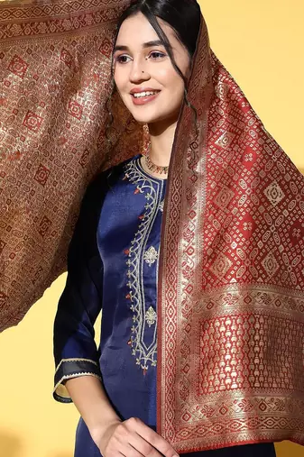 Women navy blue ethnic motifs woven design sequined kurta with trousers & dupatta