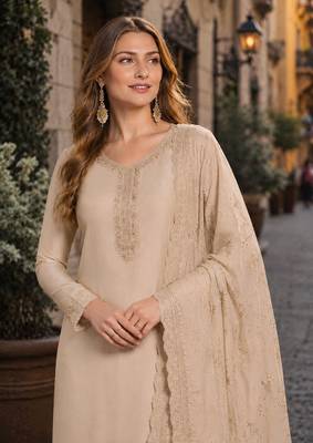Beige heavy natural crepe suit with embroidery & zarkhan work 2