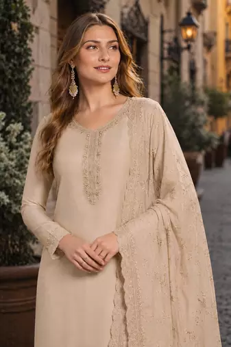 Beige heavy natural crepe semi stitched suit with embroidery & zarkhan work