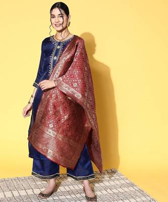 Women navy blue ethnic motifs woven design sequined kurta with trousers & dupatta 3