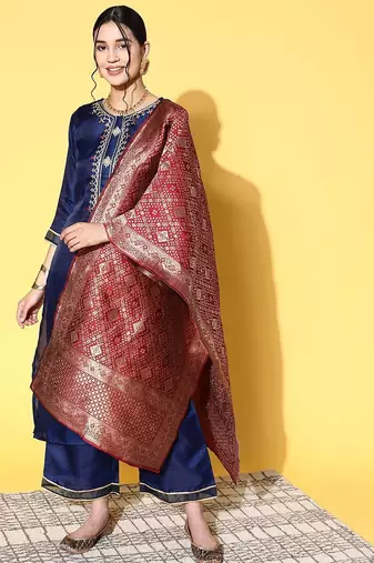 Women navy blue ethnic motifs woven design sequined kurta with trousers & dupatta