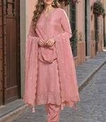 Peach heavy natural crepe semi stitched suit with embroidery & zarkhan work