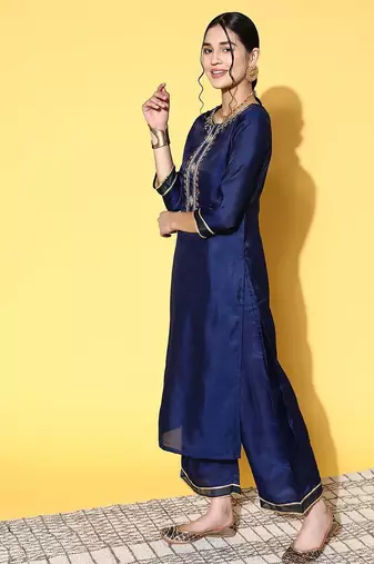 Women navy blue ethnic motifs woven design sequined kurta with trousers & dupatta