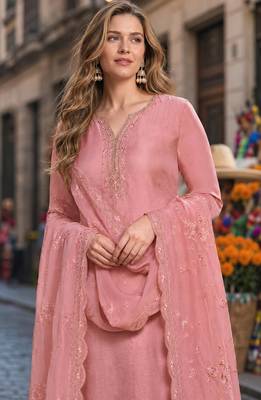 Peach heavy natural crepe suit with embroidery & zarkhan work 2