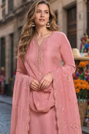 Peach heavy natural crepe semi stitched suit with embroidery & zarkhan work
