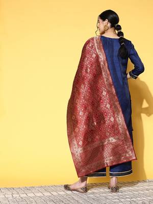 Women navy blue ethnic motifs woven design sequined kurta with trousers & dupatta 5