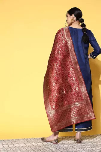 Women navy blue ethnic motifs woven design sequined kurta with trousers & dupatta