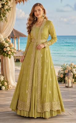 Mustard chinon silk anarkali shrug gown with belt & embroidery work 1