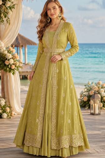 Mustard chinon silk anarkali shrug gown with belt & embroidery work