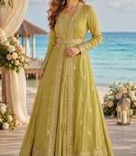 Mustard chinon silk readymade anarkali shrug gown with belt & embroidery work