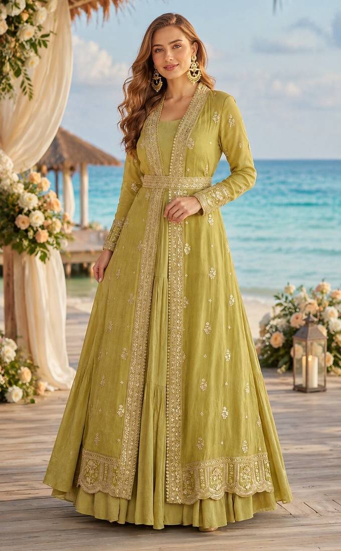 Mustard chinon silk readymade anarkali shrug gown with belt & embroidery work