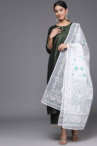 Women green sequinned liva kurta with palazzos & with dupatta