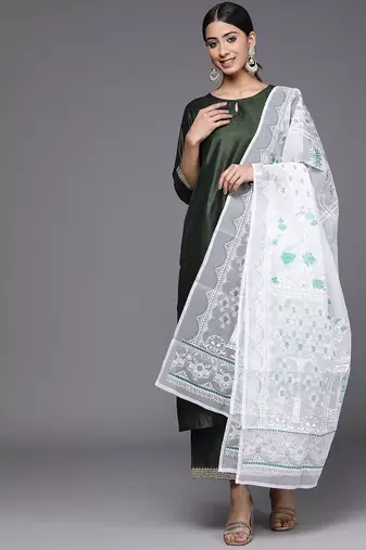 Women green sequinned liva kurta with palazzos & with dupatta