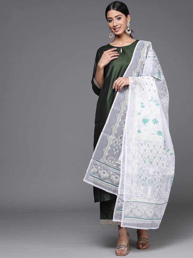 Women green sequinned liva kurta with palazzos & with dupatta