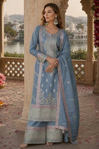 Sky-blue chinon palazzo suit with embroidery sequin work