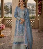 Sky-blue chinon readymade palazzo suit with embroidery sequence work