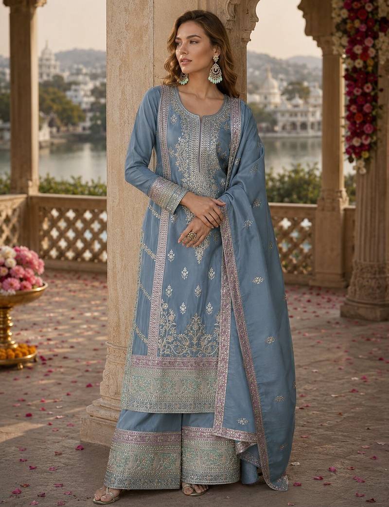 Sky-blue chinon readymade palazzo suit with embroidery sequence work